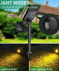 Close-up of 600 Lumen Solar Outdoor Lights Waterproof Landscape Spotlights showing two light modes in garden setting.