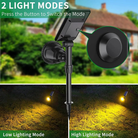 Close-up of 600 Lumen Solar Outdoor Lights Waterproof Landscape Spotlights showing two light modes in garden setting.