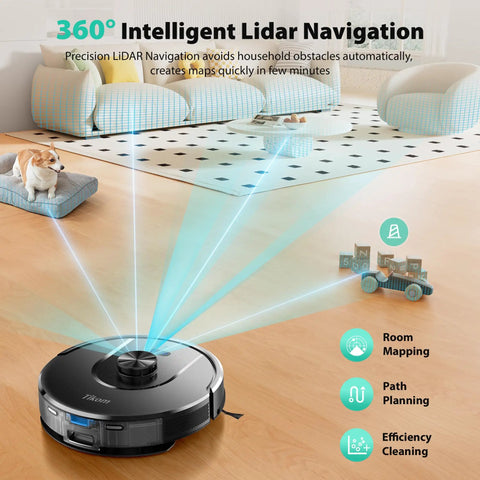 Robot Vacuum And Mop With 6000Pa Suction, Self Emptying Base For 90 Days Capacity, LiDAR Navigation With Home Mapping, Great For Pet Hair On Hard Floors And Carpet, L8000 Plus in living room, showcasing LiDAR navigation and mapping features.