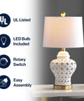 White Pierced Ginger Jar Ceramic LED Table Lamp with Dope Modern Glam Quatrefoil Fretwork, 20.5 Inch Tall White Linen Shade