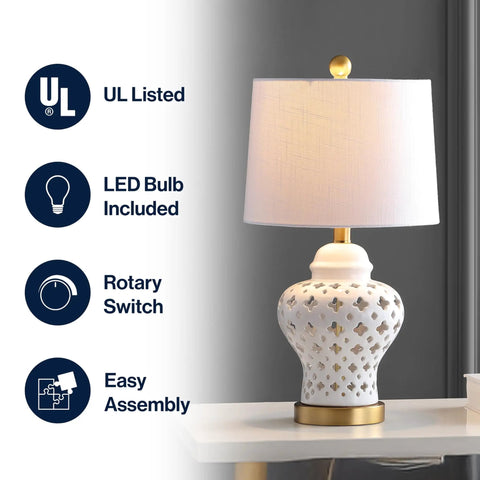 White Pierced Ginger Jar Ceramic LED Table Lamp with Dope Modern Glam Quatrefoil Fretwork, 20.5 Inch Tall White Linen Shade