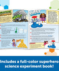 Open superhero science experiment book included in STEM Explorers Superhero Science Kit For Kids With Magnets Color Mixing Levitation