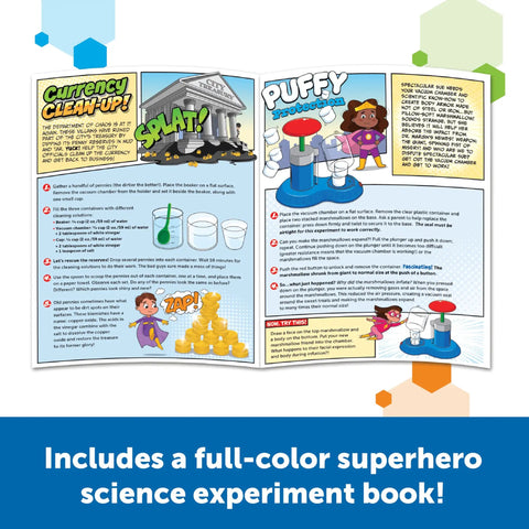 Open superhero science experiment book included in STEM Explorers Superhero Science Kit For Kids With Magnets Color Mixing Levitation
