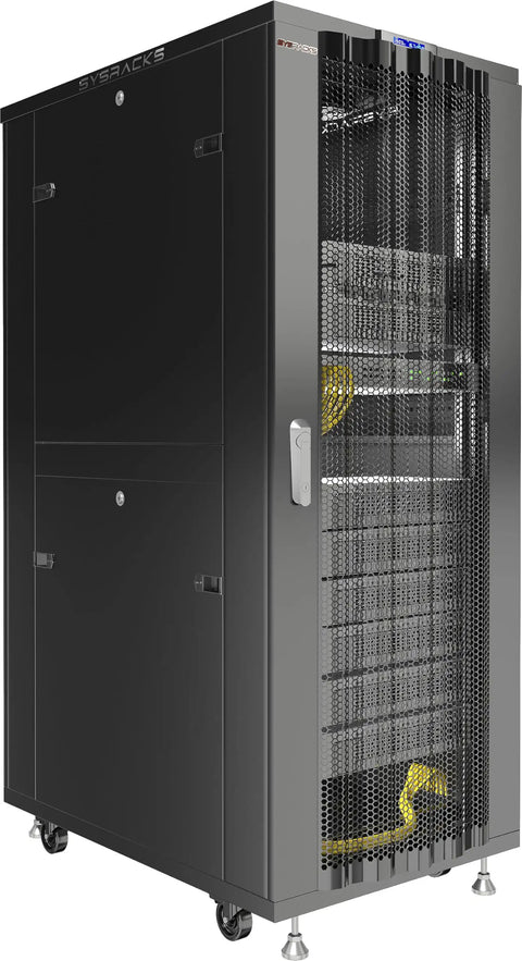Industrial Grade Floor Standing Server Rack Cabinet 37U Enclosure Featuring Spacious 24 Inch Interior And Breathable Mesh Ventilation Doors, side view.