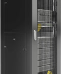 Slick 37U Floor Standing Server Rack With 24 Inch Deep Network Cabinet And Locking Mesh Door visible from the side angle with wheels.