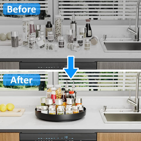 Ovicar 13-inch black metal Lazy Susan rotating spice rack with multiple jars, front view on kitchen counter