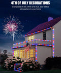 House decorated with 66Ft Connectable Outdoor Rope Lights With 200 LEDs Remote in red, white, blue for 4th of July