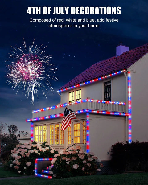 House decorated with 66Ft Connectable Outdoor Rope Lights With 200 LEDs Remote in red, white, blue for 4th of July