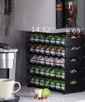 Countertop K Cup Holder Organizer With 105 Pod Capacity, 5 Tiers Of Tilted Slots next to coffee maker in kitchen space