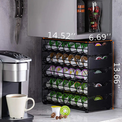 Countertop K Cup Holder Organizer With 105 Pod Capacity, 5 Tiers Of Tilted Slots next to coffee maker in kitchen space
