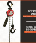 Mini Lever Chain Hoist, 550 Lb Capacity, 5 Ft Lift, Lightweight Yet Rugged Steel, Grade 80 Load Chain shown with safety features
