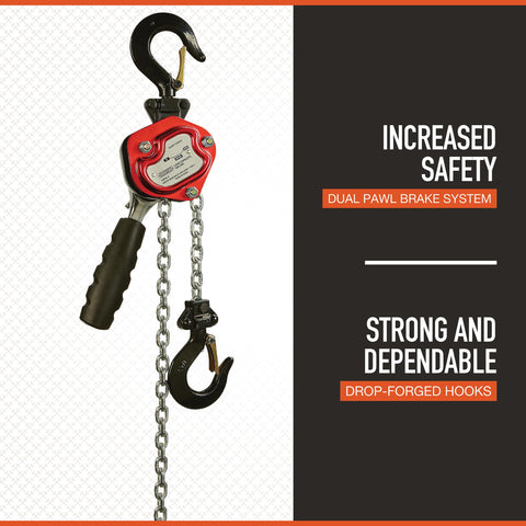 Mini Lever Chain Hoist, 550 Lb Capacity, 5 Ft Lift, Lightweight Yet Rugged Steel, Grade 80 Load Chain shown with safety features