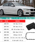 BMW automatic transmission filter kit compatibility chart with image of filter and gasket