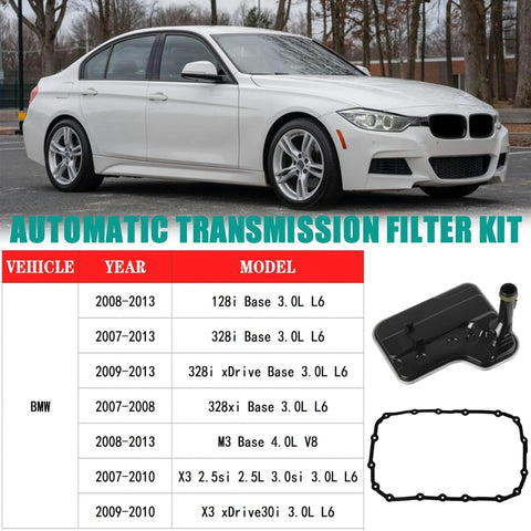 BMW automatic transmission filter kit compatibility chart with image of filter and gasket