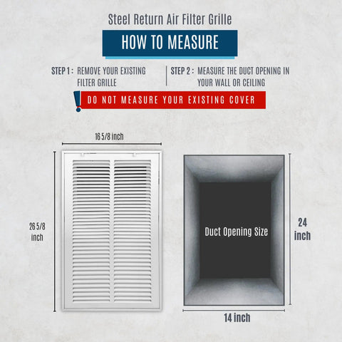 Dimensions guide for Fits 14x24 Duct Opening Steel Return Air Grille With Fixed Hinged Frame For 1 Inch Filters, wall or ceiling