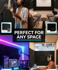 Rock Solid 50 Pack Black Acoustic Foam Wedge Tiles For Studio Soundproofing And Podcast Recordings showcasing different setups.