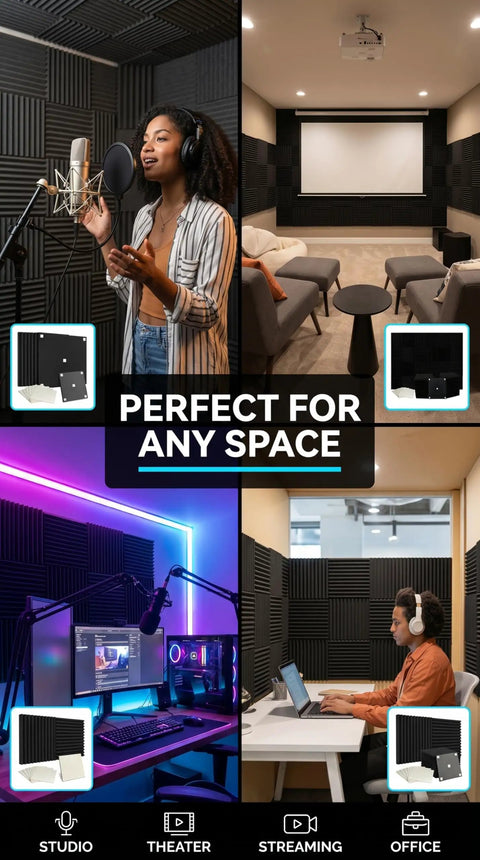 Rock Solid 50 Pack Black Acoustic Foam Wedge Tiles For Studio Soundproofing And Podcast Recordings showcasing different setups.