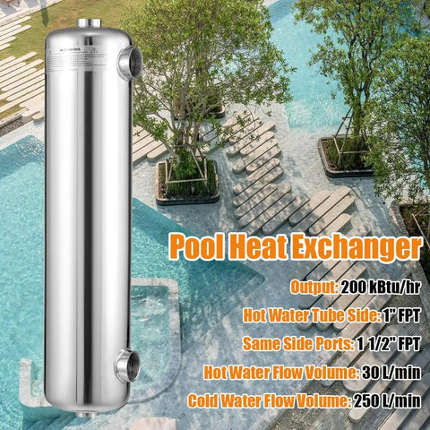 Heavy-Duty Stainless Steel Pool And Spa Heat Exchanger For Outdoors And Solar Heating, 200 kBtu, Same-Side Port, 1 In And 1 In NPT Fittings