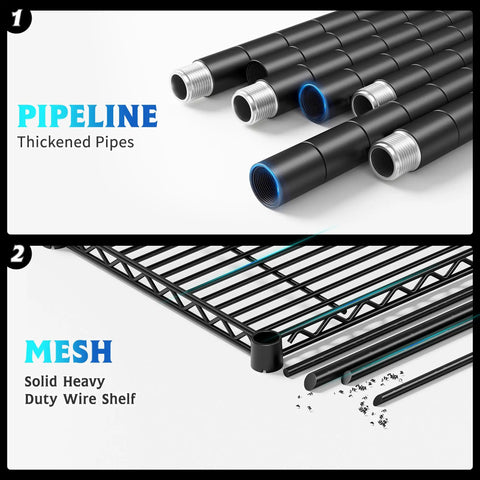 Components of 4-Tier Heavy Duty Wire Shelving Unit For Warehouse And Supermarket; thickened pipes and solid mesh shown.