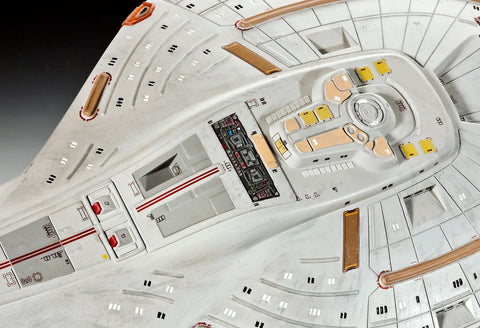 Close-up of U.S.S. Voyager 1:670 Scale Unassembled Unpainted Plastic Model Kit for Star Trek Fans Intrepid Class Starship top details.