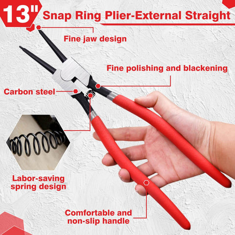 Heavy Duty 13 Inch Snap Ring Pliers External Circlip Pliers With Straight Jaw for retaining rings, red PVC handle, spring assist