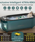 Deep Clean Pro Ultrasonic Jewelry Cleaner With Variable 47KHz To 50KHz Frequency And UV Light on tabletop with items inside
