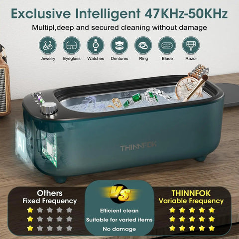 Deep Clean Pro Ultrasonic Jewelry Cleaner With Variable 47KHz To 50KHz Frequency And UV Light on tabletop with items inside