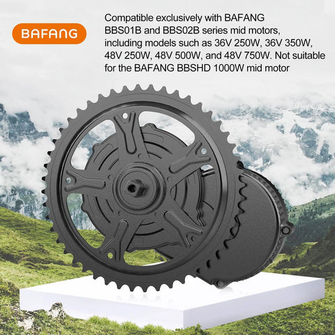 44T 6.5mm Offset Chainring for BBS02B BBS01B Mid Drive Kits on display with mountainous backdrop