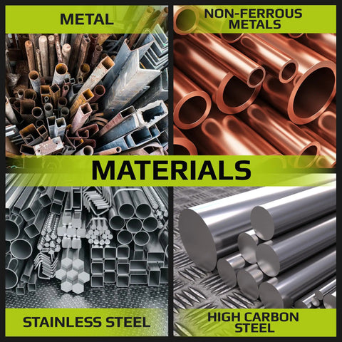 Collage of various metal types including metal, non-ferrous metals, stainless steel, and high carbon steel