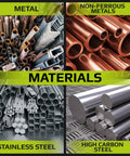 Image showing various materials: metal, non-ferrous metals, stainless steel, and high carbon steel in different shapes and sizes.