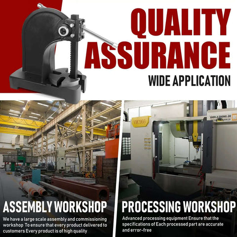 Beefy 1 Ton Manual Arbor Press with hand wheel shown above assembly and processing workshops for quality assurance.