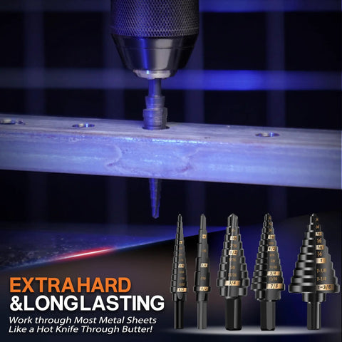 Heavy Duty Step Drill Bit Set 5 Piece Industrial Grade Unibit Kit With 3 Flat Shank High Speed Steel Black Oxide drilling metal