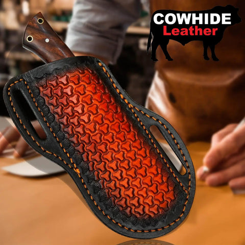 Rugged Fixed Blade Hunting Knife With Powder Coated Stainless Steel Blade And Wooden Grip Full Tang Build For Camping Survival And Outdoor Use A Beast Of An Outdoor Utility Knife For Any Outdoor Adventure in cowhide leather sheath.