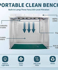 Triple Fan Laminar Flow Hood Boasts Hella Quiet Operation And Badass Aluminum Frame For A Sweet Clean Bench Experience Perfect For Phone Repair Or Lab Work Demanding Zero Dust And Killer Results, showing features like HEPA filter and anti-static curtains.