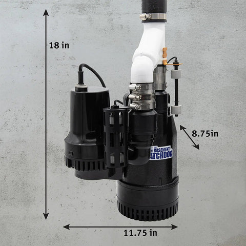 Top Shelf Primary And Battery Backup Sump Pump System Featuring Wifi Monitoring Plus Plug And Play Preplumbed Pipes for basement use, 18in height.