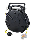 Heavy Duty Retractable Extension Cord Reel With Triple Tap Outlet Seventy Five Foot Site Ready Power Hub, yellow cord visible.
