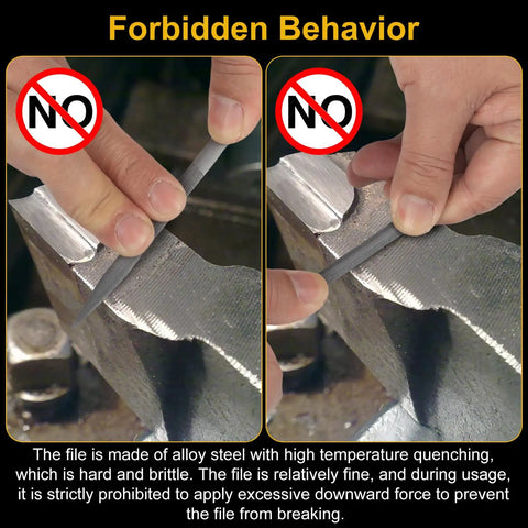 Mini Metal Needle File Set 5pc Dope Pro Grade Hand Files showing incorrect usage with excessive force on metal surface.