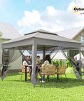 11 By 11 Pop Up Canopy With Screen Walls For Outdoor Use in backyard with people seated inside, light gray, easy setup