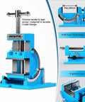Real Deal 3 Inch Tilting Bench Vise With Beefy Replacement Jaws And Heavy Duty Cast Iron Construction For Secure Drill Press Clamping On Shop Workbenches, blue color, multi-angle access design.
