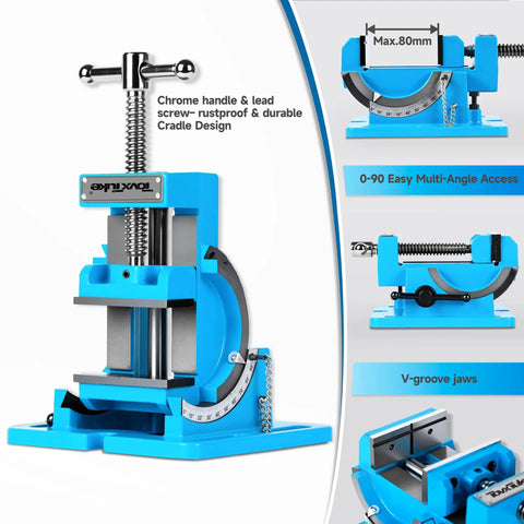 Real Deal 3 Inch Tilting Bench Vise With Beefy Replacement Jaws And Heavy Duty Cast Iron Construction For Secure Drill Press Clamping On Shop Workbenches, blue color, multi-angle access design.