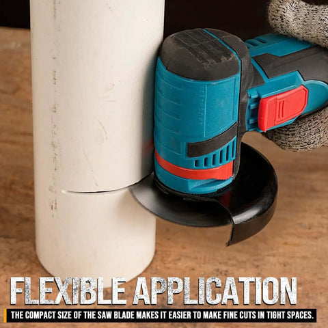 Angle grinder cutting white pipe with Three Inch HSS Circular Saw Blade With Three Eighth Inch Arbor 72 Tooth Multi Material Cutter.