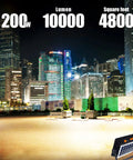 Super Bright Rechargeable Solar Work Light shown illuminating a cityscape with 200w, 10000 lumens, covering 4800 sq ft.