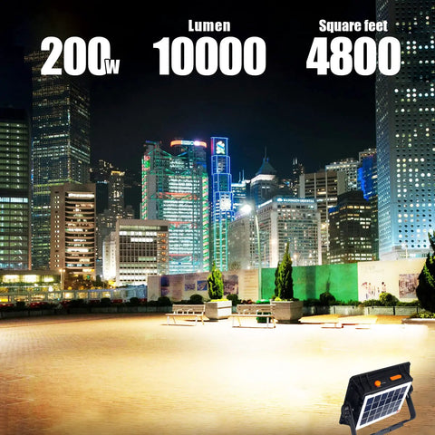 Super Bright Rechargeable Solar Work Light shown illuminating a cityscape with 200w, 10000 lumens, covering 4800 sq ft.