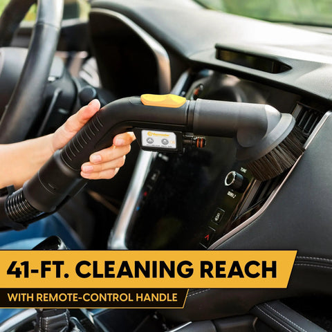 Professional Grade Wet Dry Upholstery Shampoo Vacuum Featuring Remote Control Handle And Six Gallon Tank For Autos Carpets And Furniture Bad Ass Dirt Hog Rig uses a remote handle in a car interior.