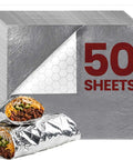 Heavy Duty Insulated Aluminum Foil Sheets Keep Food Hot Or Cold For Hours 50 Pack 14 Inch By 10.3 Inch Disposable Wraps with Burritos