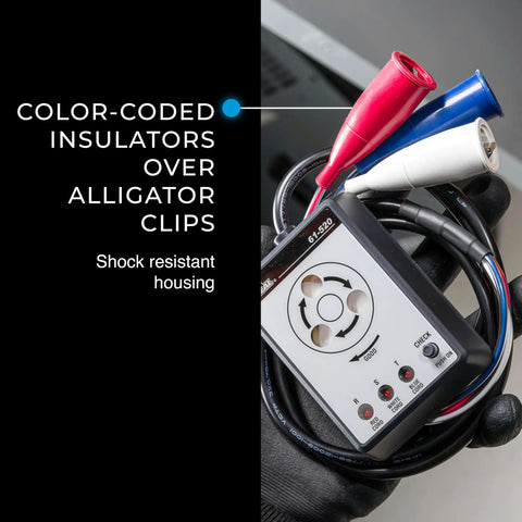 3 Phase Sequence Tester With Color Coded Insulators held by gloved hand, featuring color-coded clips for quick phase checks.