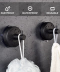 Matte Black Stainless Steel Suction Cup Hooks Set For Shower And Bath Waterproof Towel Holder And Robe Rack mounted on wall