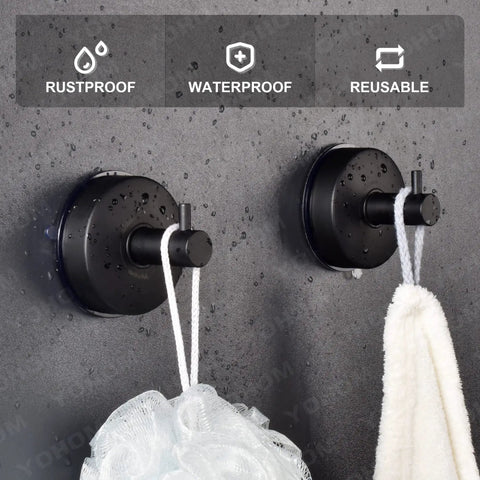 Matte Black Stainless Steel Suction Cup Hooks Set For Shower And Bath Waterproof Towel Holder And Robe Rack mounted on wall