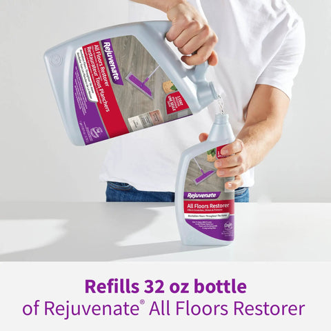 Person pouring All Floors Restorer That Fills Scratches Brings Back Deep Shine And Locks In Protection For Hardwood Laminate Vinyl And Tile With One Slick Coat 1 Gallon into a smaller bottle on a table