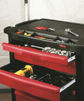 Mobile Tool Work Center On Wheels With 5 Drawers And 250 LB Capacity Built From High Density Structural Foam For Rugged Rust Proof Durability In Warehouse Garage And Maintenance Tasks Plus A Bright Red Locking Cabinet; open drawers